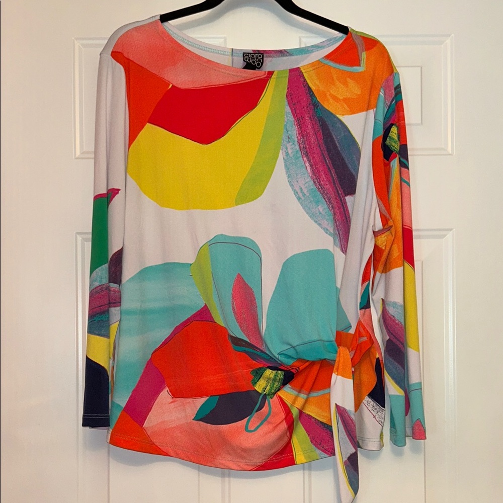 Clara Sunwoo Bold Artsy Top 1X Travel No Iron Abstract Front Knot Stretch USA